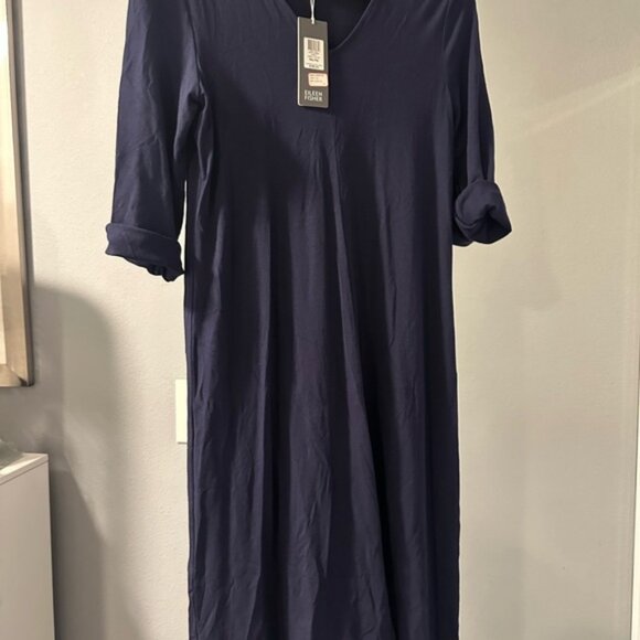 Eileen Fisher Deep V-Neck Midnight Dress - Picture 1 of 7